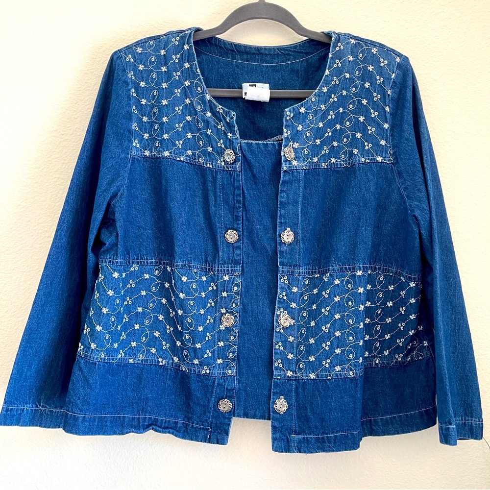 More Promises Embroidered Blue Denim Jean Jacket Vintage